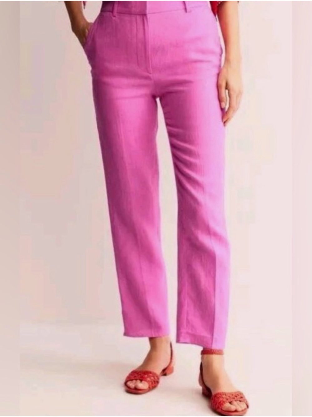 Boden Kew Linen Straight-Leg Ankle Pants in Hot Pink